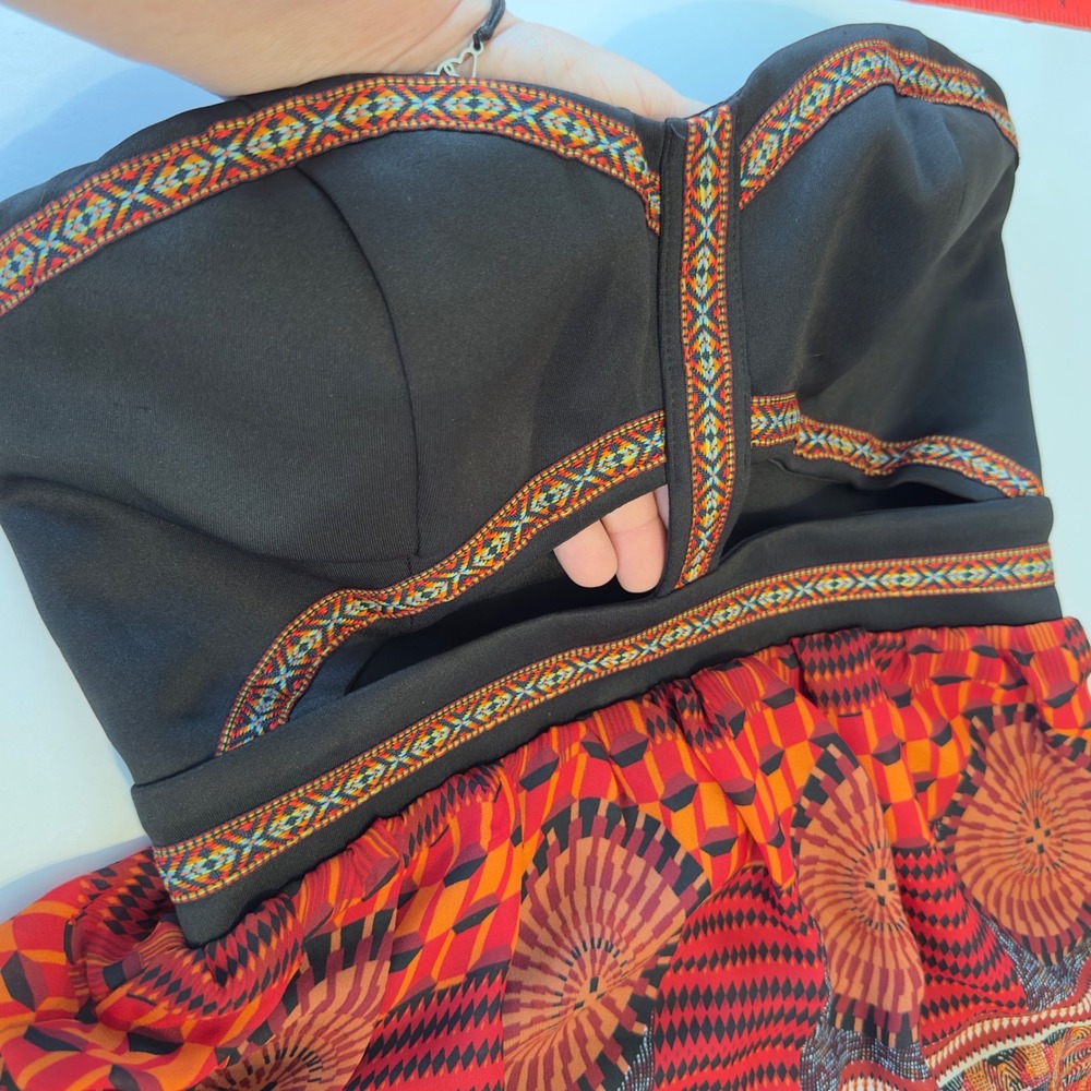 Sans Souci Strapless Maxi Dress Orange Red Tribal Geometric Cutout Size Medium - Picture 3 of 11